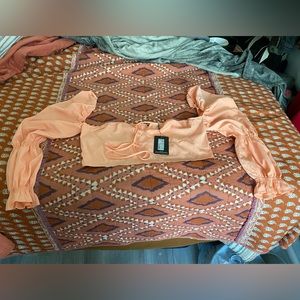 PLT Peach Puff Sleeve Bardot Crop Top NWT